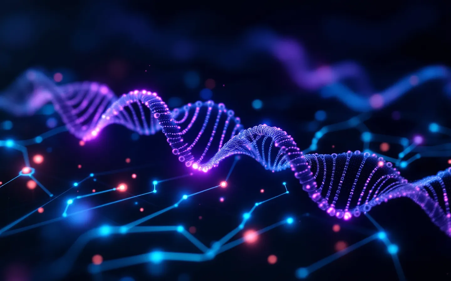 Abstract blue line schematic of a short peptide chain on a dark engineered grid